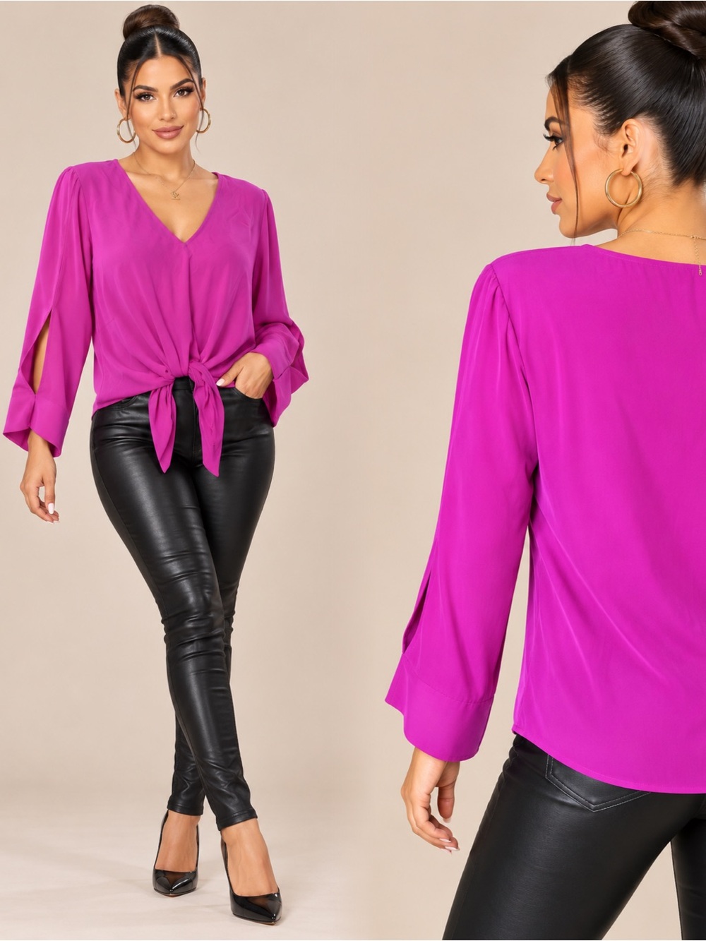 RACHEL Rachel Roy Fuchsia V-Neck Tie-Front Blouse